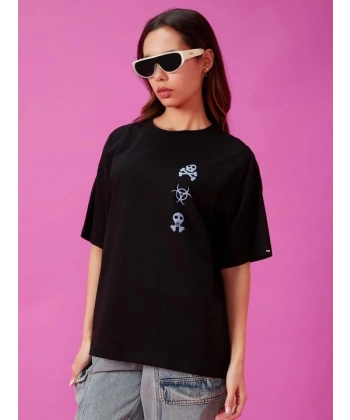 Biçomi Baskılı Oversize T-shirt - Siyah