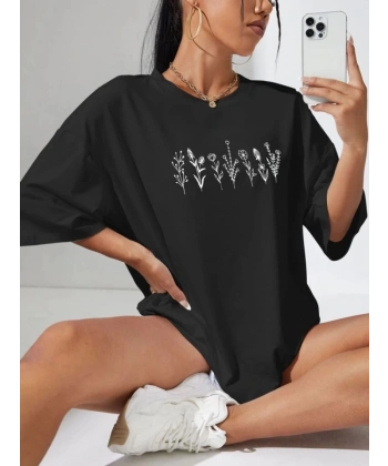 Biçomi Baskılı Oversize T-shirt - Siyah