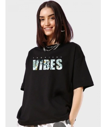 Biçomi Baskılı Oversize T-shirt - Siyah