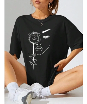 Biçomi Baskılı Oversize T-shirt - Siyah