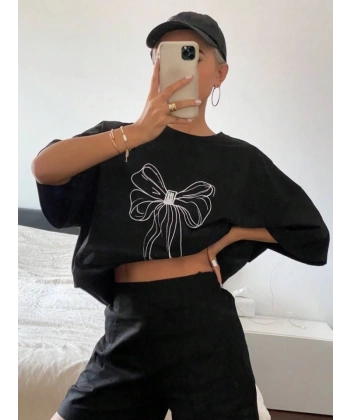 Biçomi Baskılı Oversize T-shirt - Siyah