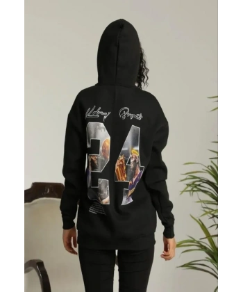 Biçomi Baskılı Oversize Üç İplik Kapüşonlu Sweatshirt - Siyah