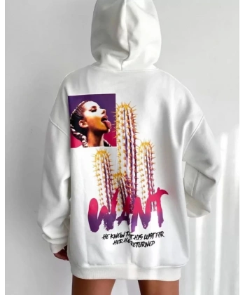 Biçomi Baskılı Üç İplik Kapüşonlu Oversize Sweatshirt - Beyaz