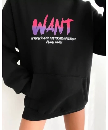 Biçomi Baskılı Üç İplik Kapüşonlu Oversize Sweatshirt - Siyah