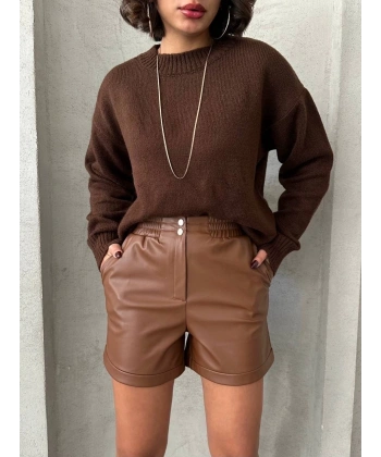 BİÇOMİ Beli lastikli çıtçıtlı deri şort kahve w241007