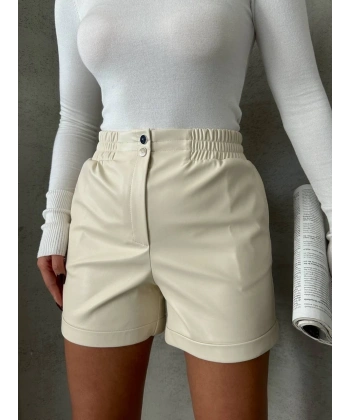 BİÇOMİ Beli lastikli çıtçıtlı deri şort krem w241007