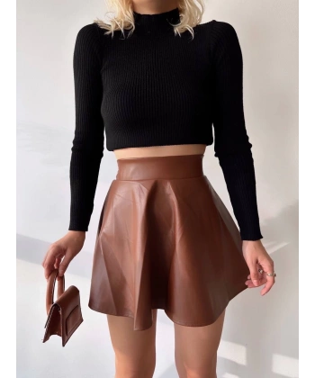 BİÇOMİ Beli lastikli deri etek kahve s24599