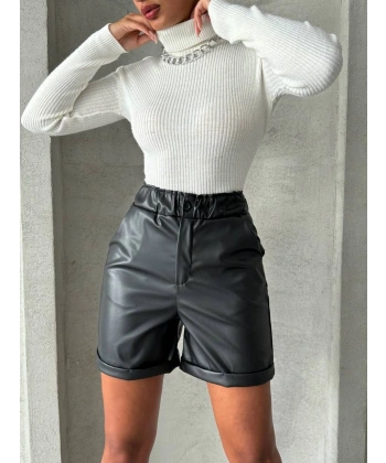 BİÇOMİ Beli lastikli duble paça deri şort siyah w24755