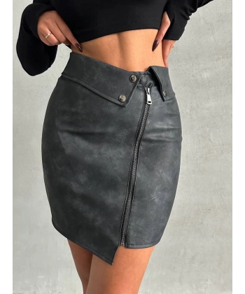 BİÇOMİ Beli pervazlı fermuarlı eskitme deri etek w24431