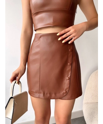 BİÇOMİ Beş düğmeli oval deri etek kahve h240068