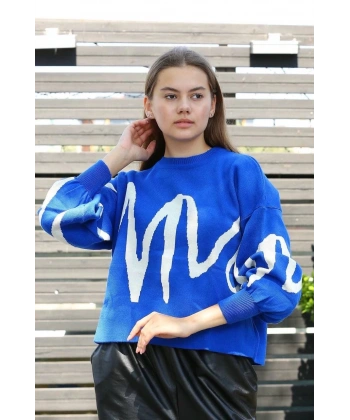 BİÇOMİ Beyaz çizgili bisiklet yaka kazak saksmavisi