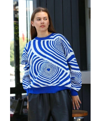 BİÇOMİ Beyaz kalp çizgili kazak saks mavisi