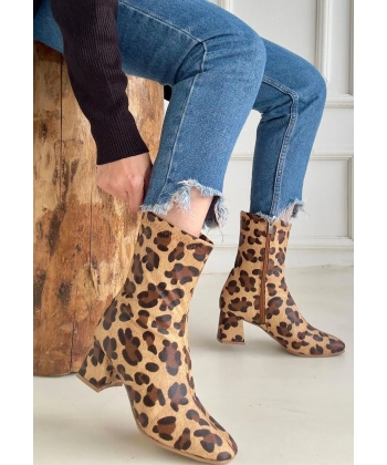 BİÇOMİ Birta Leopar Cilt Streç Topuklu Bot