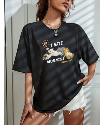 Biçomi Bisiklet Yaka Baskılı Oversize T-Shirt - Siyah