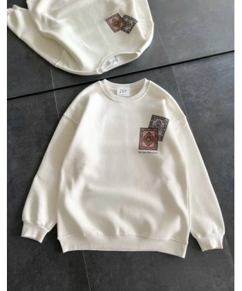Biçomi Bisiklet Yaka Baskılı SweatShirt - Beyaz