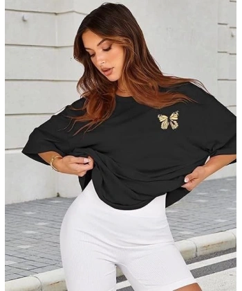 Biçomi Bisiklet Yaka Baskılı T-shirt - Siyah