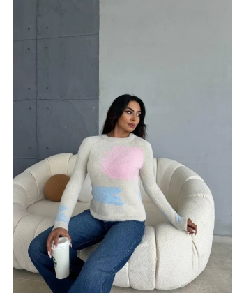 BİÇOMİ Bıyıklı triko kazak beyaz