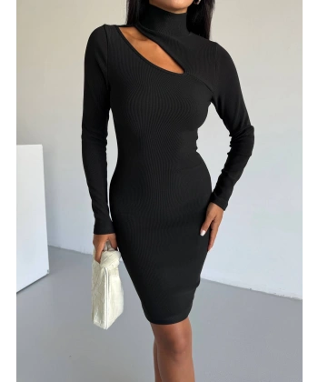 BİÇOMİ Boğazlı gögüs dekolteli elbise siyah f2333