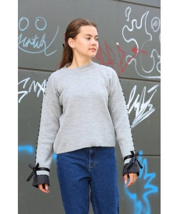 BİÇOMİ Boncuklu bile detaylı kazak gri