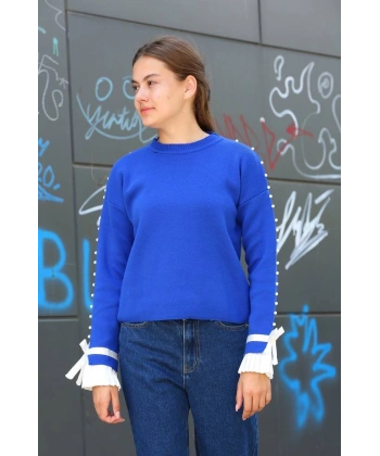 BİÇOMİ Boncuklu bile detaylı kazak saks mavisi