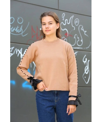 BİÇOMİ Boncuklu bile detaylı kazak vizon