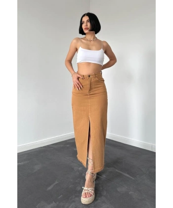 Biçomi Camel Gabardin Boyamalı Püsküllü Etek