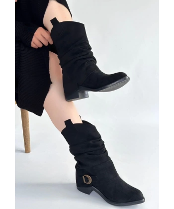 BİÇOMİ Canty Siyah Süet Körüklü Topuklu Çizme