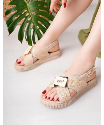 BİÇOMİ Cate Bej Hasır Cilt Sandalet