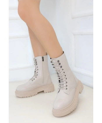 BİÇOMİ Caxa Bej Cilt Bağcıklı Bot