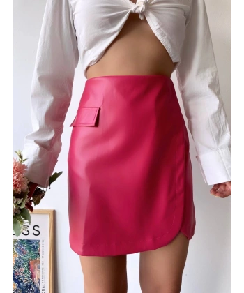 BİÇOMİ Cep detaylı oval kapaklı deri etek fuşya h240048