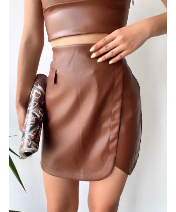 BİÇOMİ Cep detaylı oval kapaklı deri etek kahve h240048