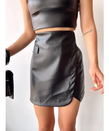 BİÇOMİ Cep detaylı oval kapaklı deri etek siyah h240048