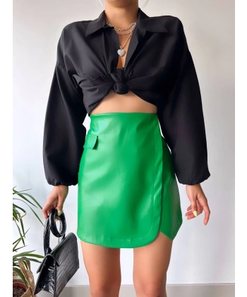 BİÇOMİ Cep detaylı oval kapaklı deri etek yeşil h240048