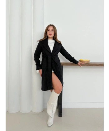 BİÇOMİ Cepli kuşaklı kaşe kaban antrasit st26458