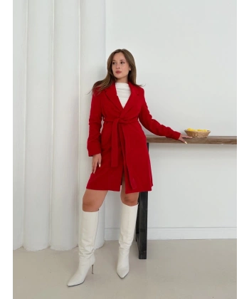 BİÇOMİ Cepli kuşaklı kaşe kaban kırmızı st26458