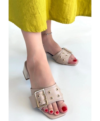 BİÇOMİ Ciey Bej Cilt Topuklu Terlik