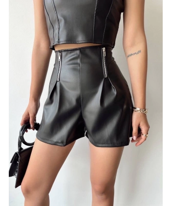 BİÇOMİ Çift fermuarlı deri şort h24394