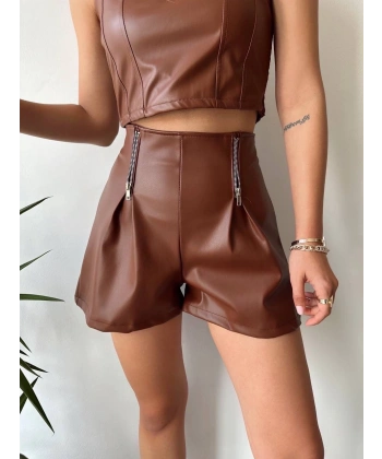 BİÇOMİ Çift fermuarlı deri şort kahve h24394