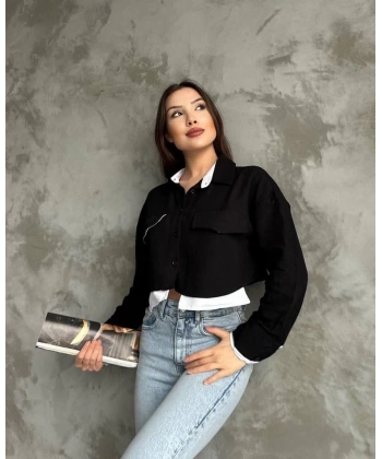 BİÇOMİ Çift renkli kısa gömlek siyahbeyaz s4021