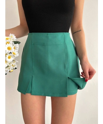 BİÇOMİ Çift yırtmaçlı atlas şort etek yeşil s240364