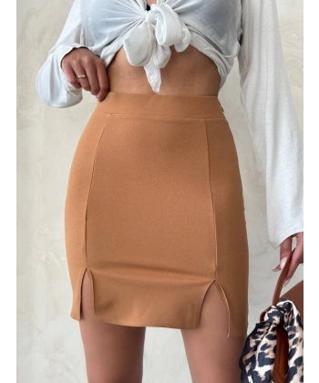 BİÇOMİ Çift yırtmaçlı etek camel s25910