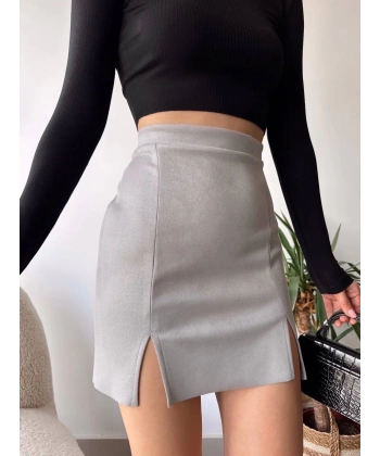 BİÇOMİ Çift yurtmaçlı süet etek gri s241002