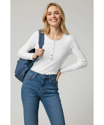 BİÇOMİ Çıtçıt Detaylı Bluz Beyaz T4343