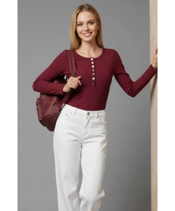 BİÇOMİ Çıtçıt Detaylı Bluz Bordo T4343