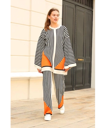 BİÇOMİ Çizgili bisiklet yaka triko takım beyaz