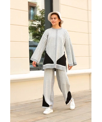 BİÇOMİ Çizgili bisiklet yaka triko takım Gri