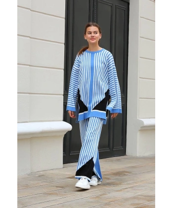 BİÇOMİ Çizgili bisiklet yaka triko takım Mavi