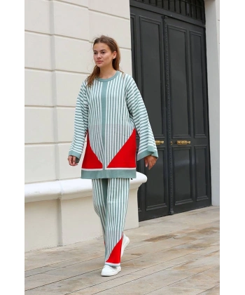 BİÇOMİ Çizgili bisiklet yaka triko takım Mint