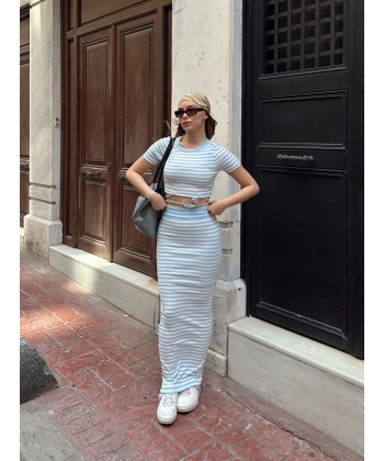 BİÇOMİ Çizgili etekli takım mavi s3609