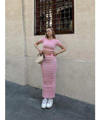 BİÇOMİ Çizgili etekli takım pembe s3609